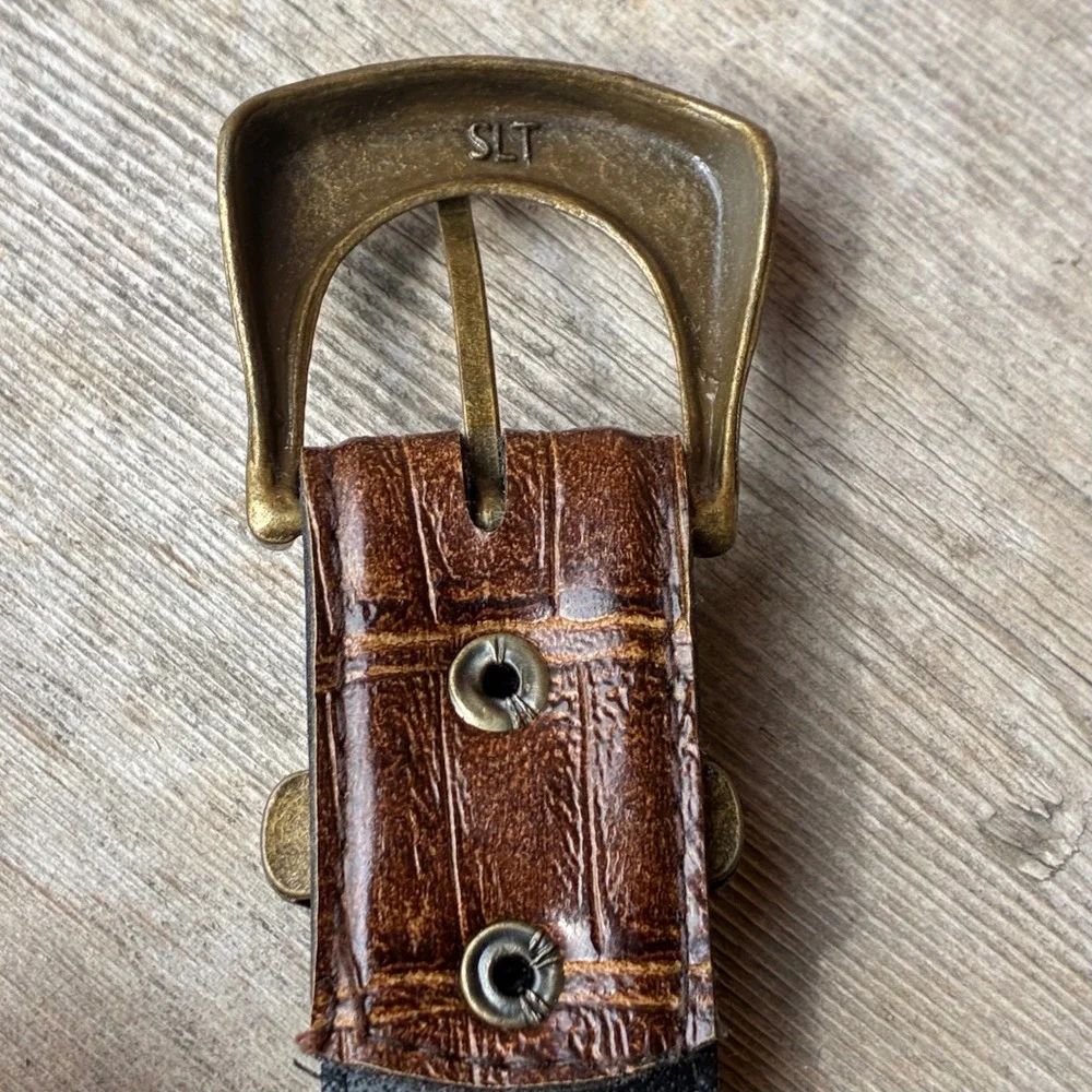 Vintage SLT Brown Alligator Croc Embossed Leather Belt 38 Antique Brass Buckle